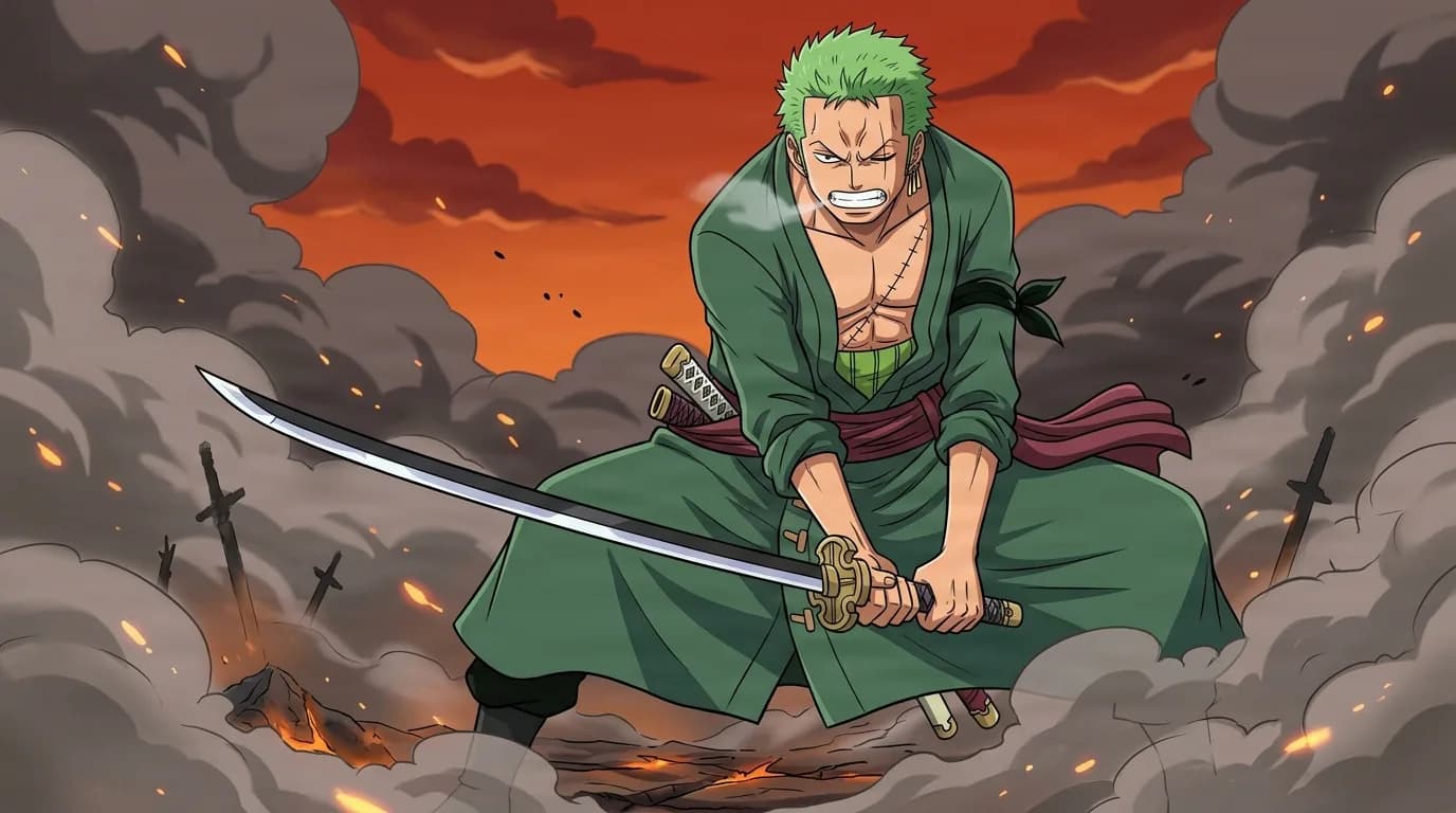 A green haired swordsman in a green coat crouches on a smoky battlefield gripping a drawn katana, two more swords tucked in his red sash under a red sky.