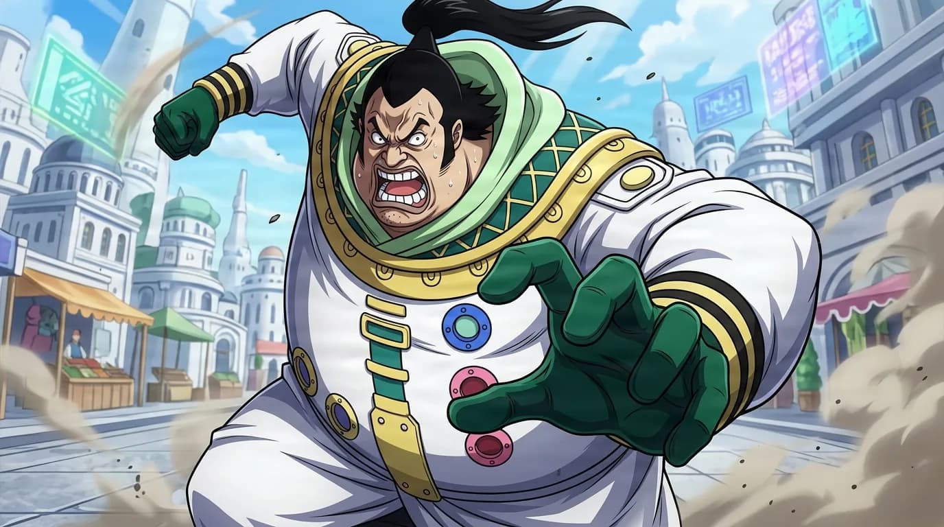 Saint Rosward Charlos from One Piece in a close-framed cel-shaded anime scene with a detailed environment