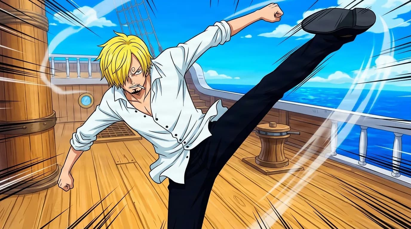 A blond man in a white dress shirt and black pants launches a high kick with one leg raised overhead, a cigarette in his mouth, on a sunny ship deck over the ocean.