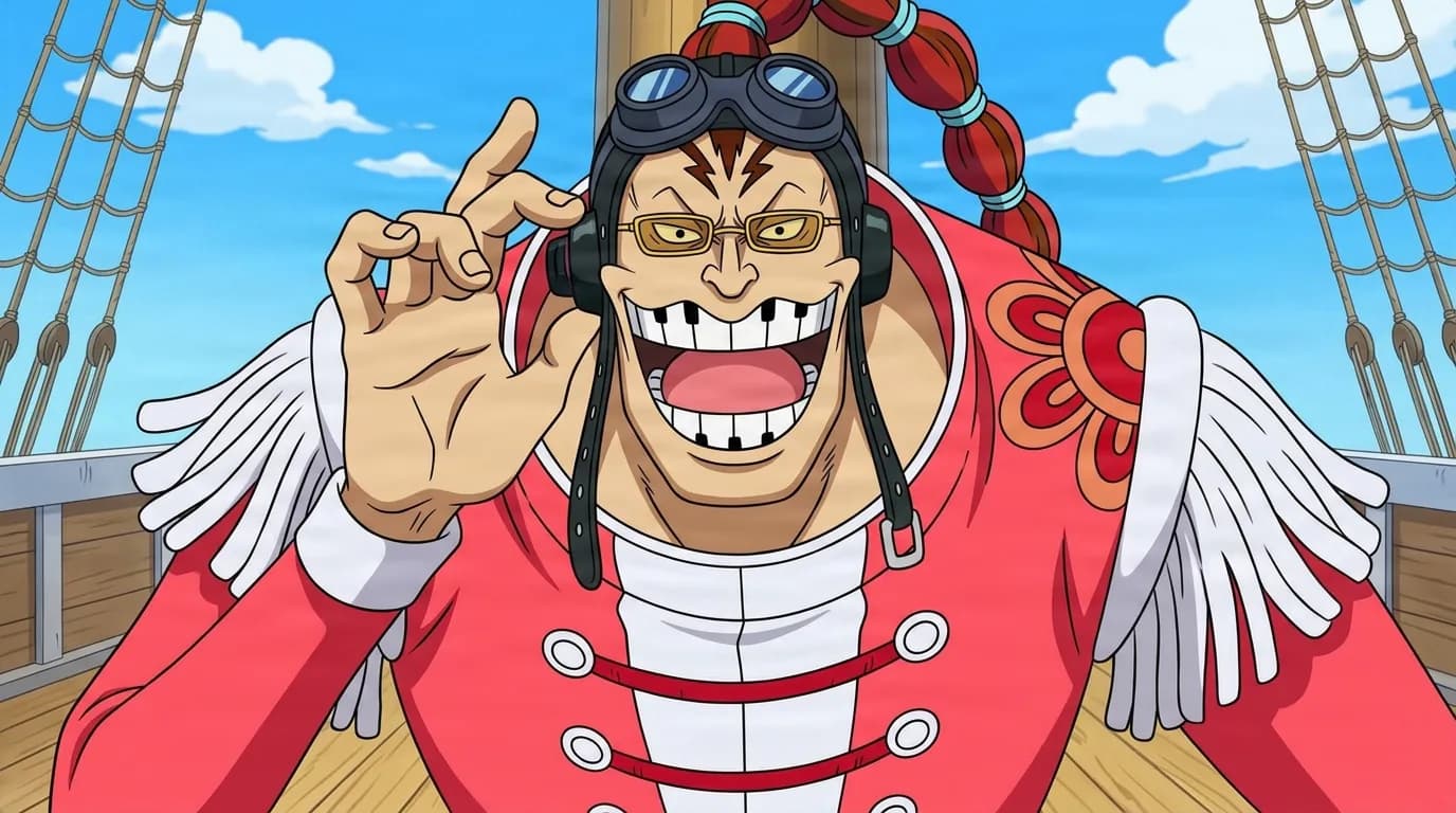 Grinning pirate with a wide piano-tooth smile wears an aviator cap with goggles and a red band jacket, raising one hand near his ear on a sunlit ship deck under a blue sky.