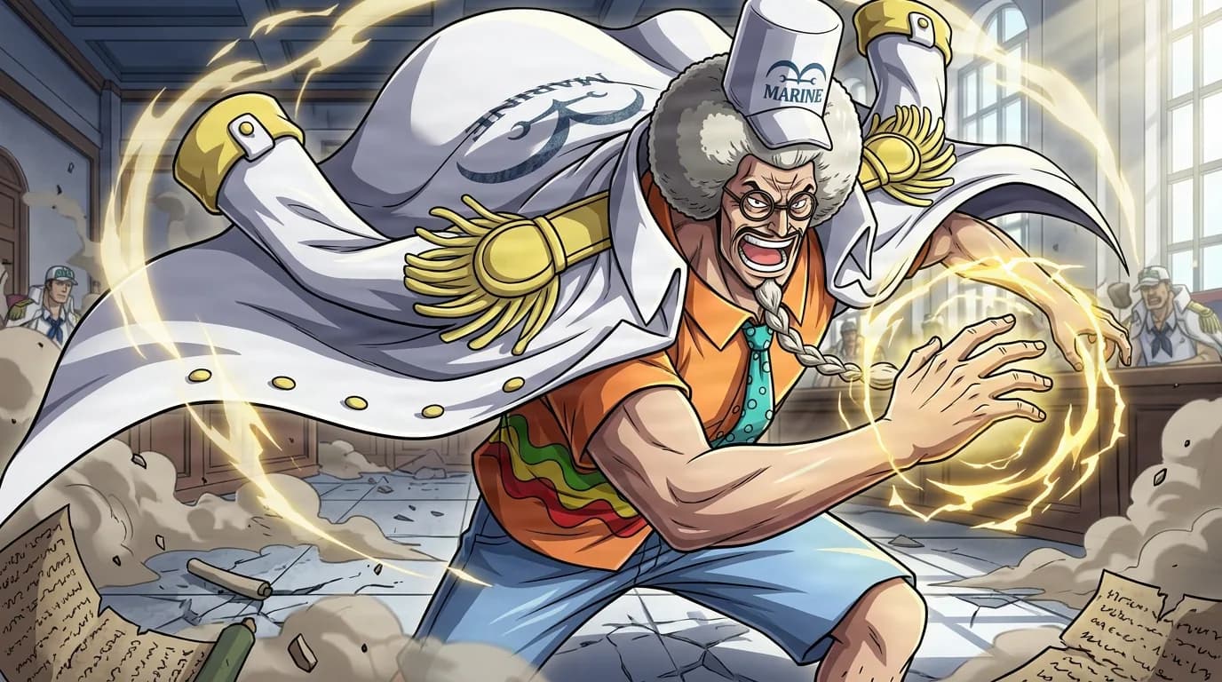 Sengoku from One Piece in a close-framed cel-shaded anime scene with a detailed environment