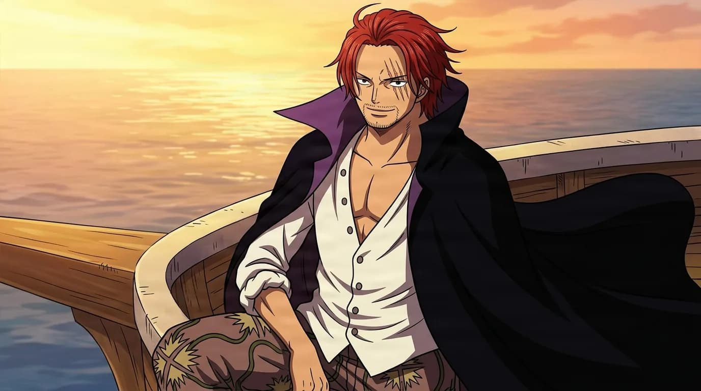 A red haired man with three scars over his left eye and a black cloak sits at the bow of a ship, smiling calmly as the sun sets over the ocean.