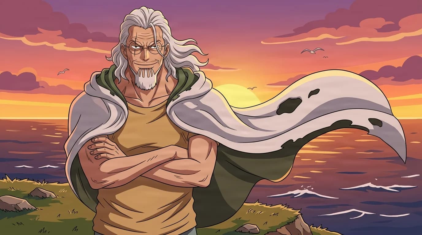 Silver-haired older man with round glasses and a pointed grey beard stands with arms crossed and a calm smile, a pale cloak over his shoulders, before a glowing orange sunset over the sea.