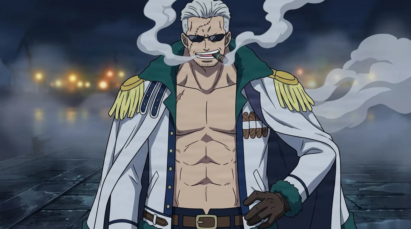 White-haired man in dark sunglasses with two facial scars bites a lit cigar, his white marine coat open over a bare muscular chest, standing amid drifting smoke on a foggy dock lit by harbor lights at night.