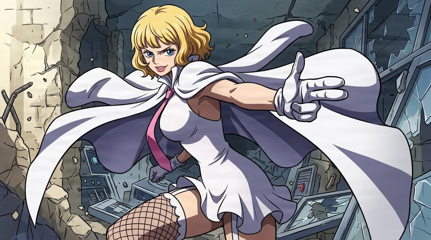 Stussy de One Piece dans une scène d'anime en cel-shading cadrée de près, avec un décor détaillé