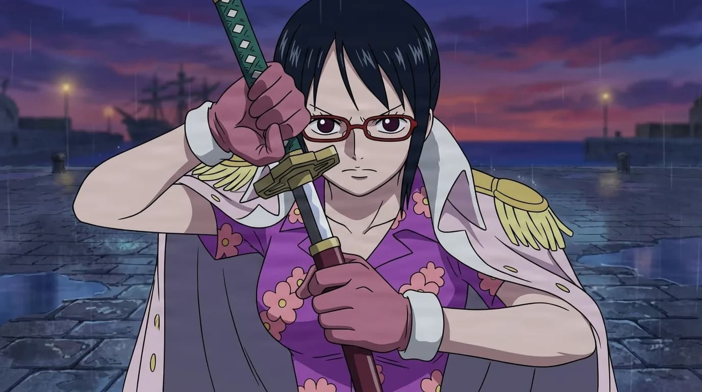 Dark-haired swordswoman in red glasses and a purple floral shirt with a white marine coat on her shoulders, raising her sheathed sword in both hands on a rainy dusk harbor.