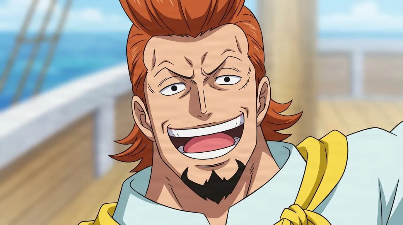 Thatch from One Piece in a close-framed cel-shaded anime scene with a detailed environment