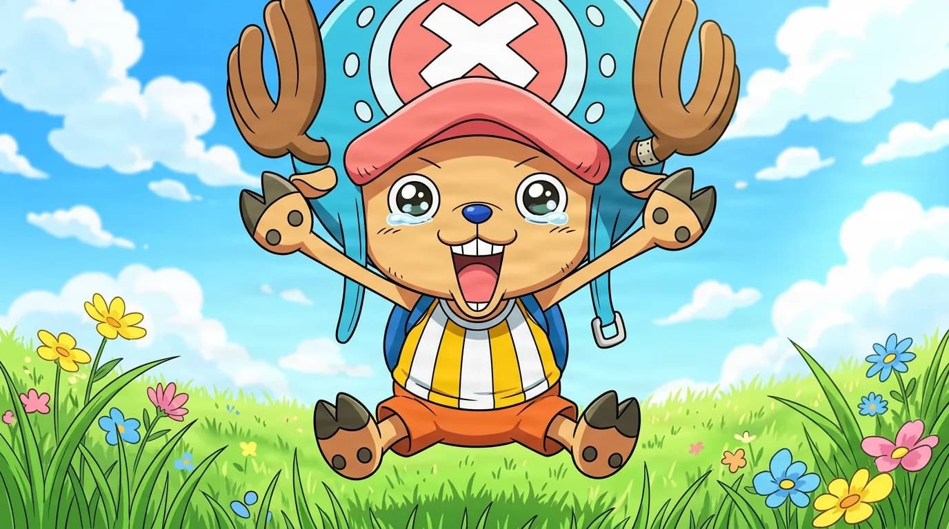 A small reindeer in a blue hat with a white cross and orange shorts leaps with both arms raised and a joyful teary smile in a sunny flower meadow.