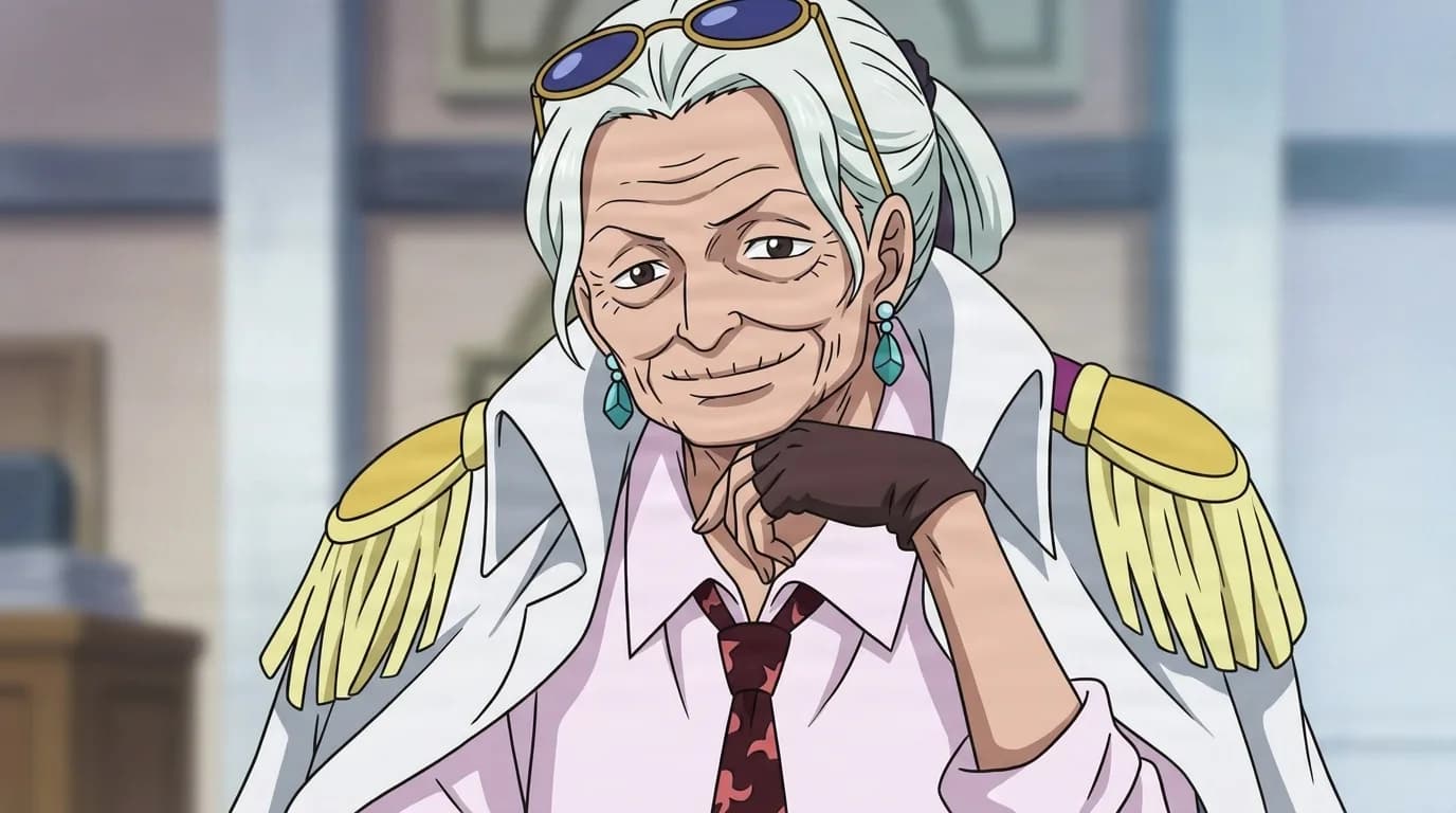 Tsuru from One Piece in a close-framed cel-shaded anime scene with a detailed environment