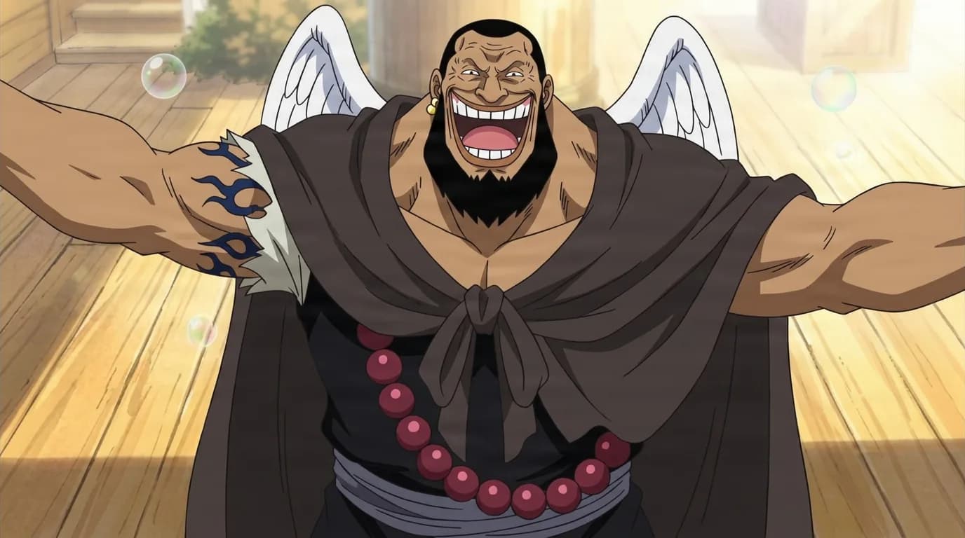 Broad dark-skinned pirate monk with a full black beard and small white wings laughs with arms spread wide, wearing a dark robe and a string of red prayer beads across his chest on a sunny wooden deck.