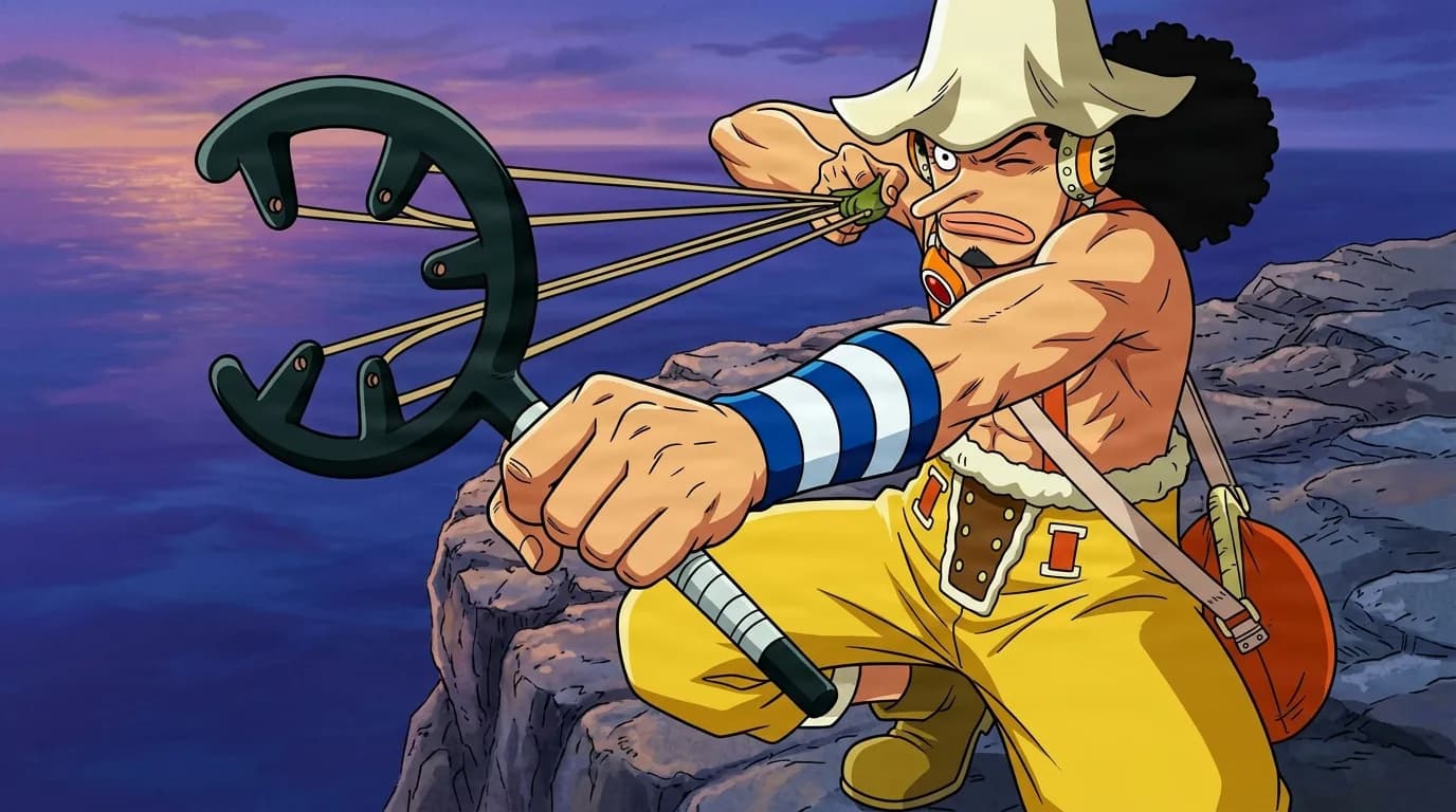 A curly haired sniper in a white brimmed hat and yellow overalls draws back a large black slingshot, taking aim from a rocky cliff over the sea at dusk.