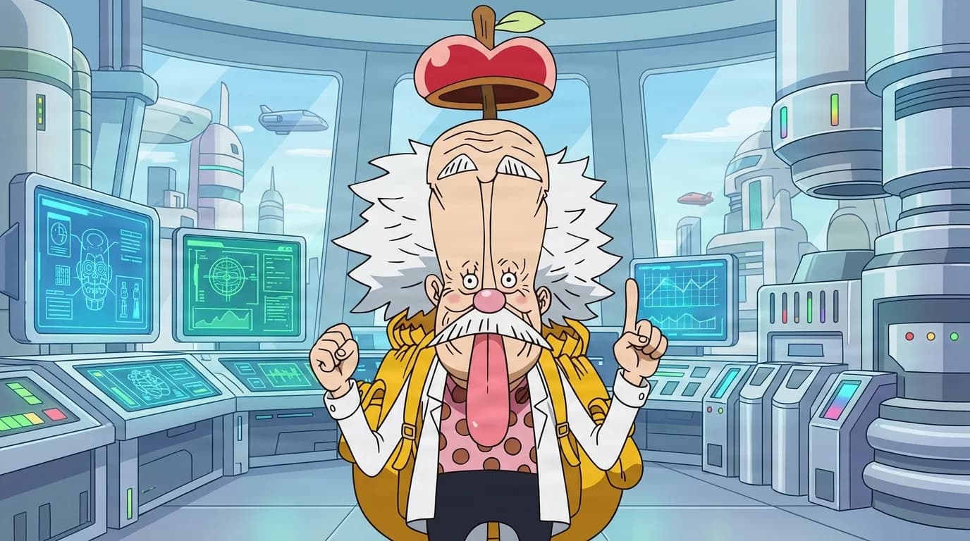 Wild haired old scientist with an apple on his head raises a finger inside a futuristic laboratory of glowing holographic screens