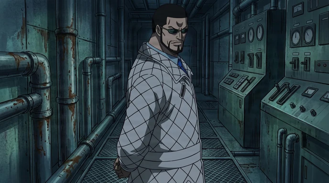 Vergo standing calmly in a dim industrial corridor of pipes and control panels, hands behind his back, wearing his white quilted coat and sunglasses.