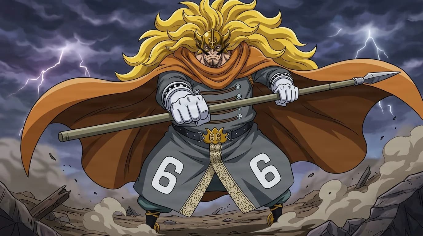 Blond lion-maned warrior in a grey military coat and orange cape braces a long spear across his body amid a raging lightning storm