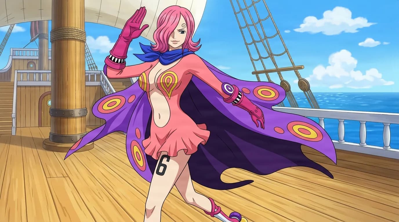 Vinsmoke Reiju strides across a sunny wooden ship deck raising one pink gloved hand, her purple butterfly patterned cape swirling behind her pink dress with the number six on her thigh