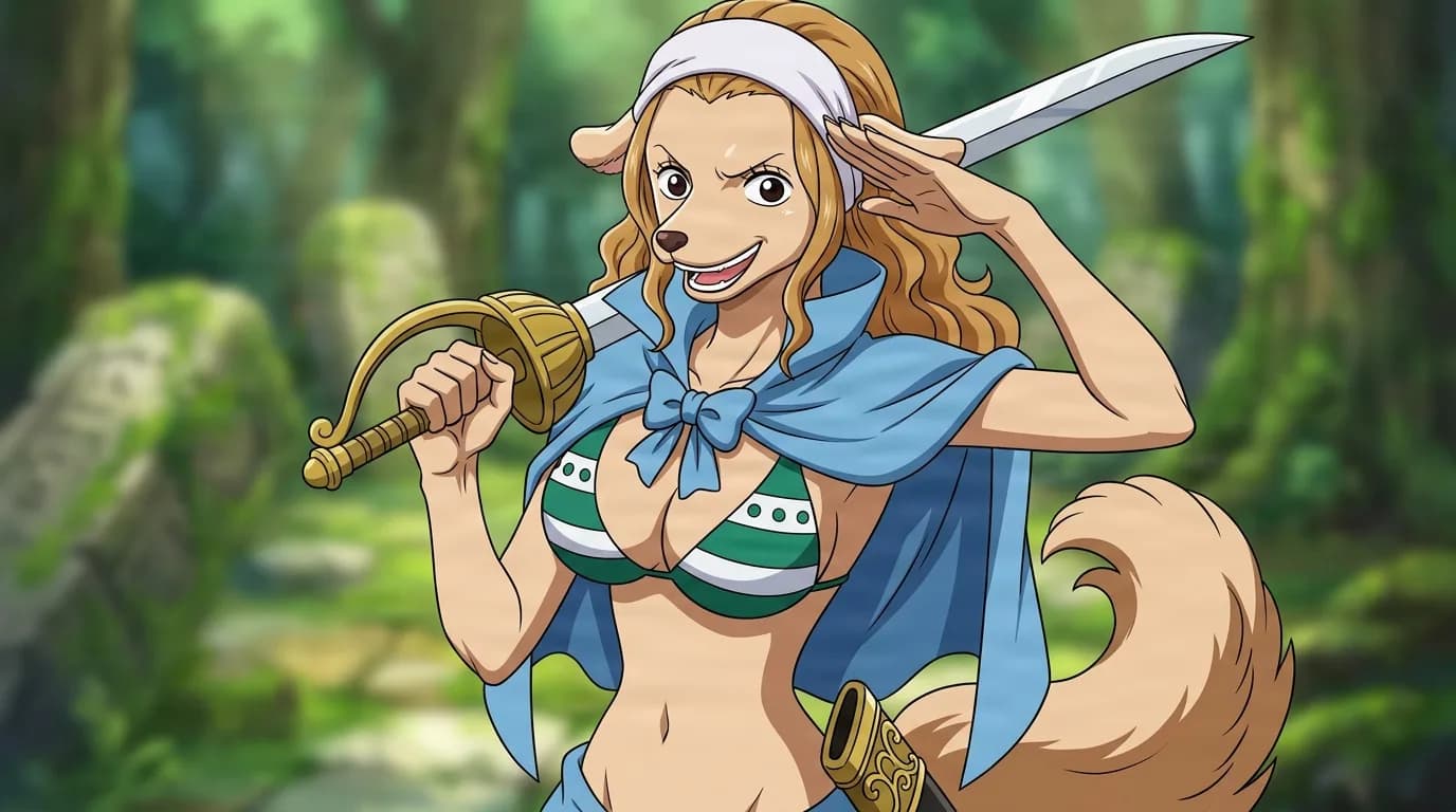 Wanda from One Piece in a close-framed cel-shaded anime scene with a detailed environment