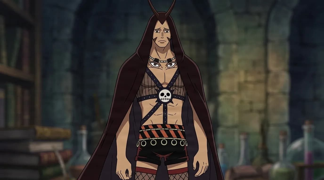 Wire stands in a dim stone hall, tall and lean with long dark red hair, a horned headpiece, dark cloak and skull marked chest harness.