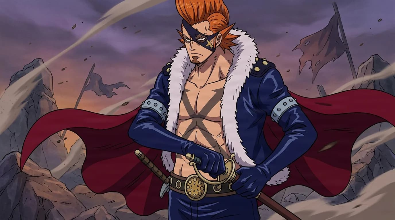 Orange-haired pirate in a navy fur-trimmed coat and eye mask stands on a rocky battlefield at dusk, an X-shaped scar across his bare chest, one gloved hand resting on his sheathed sword.