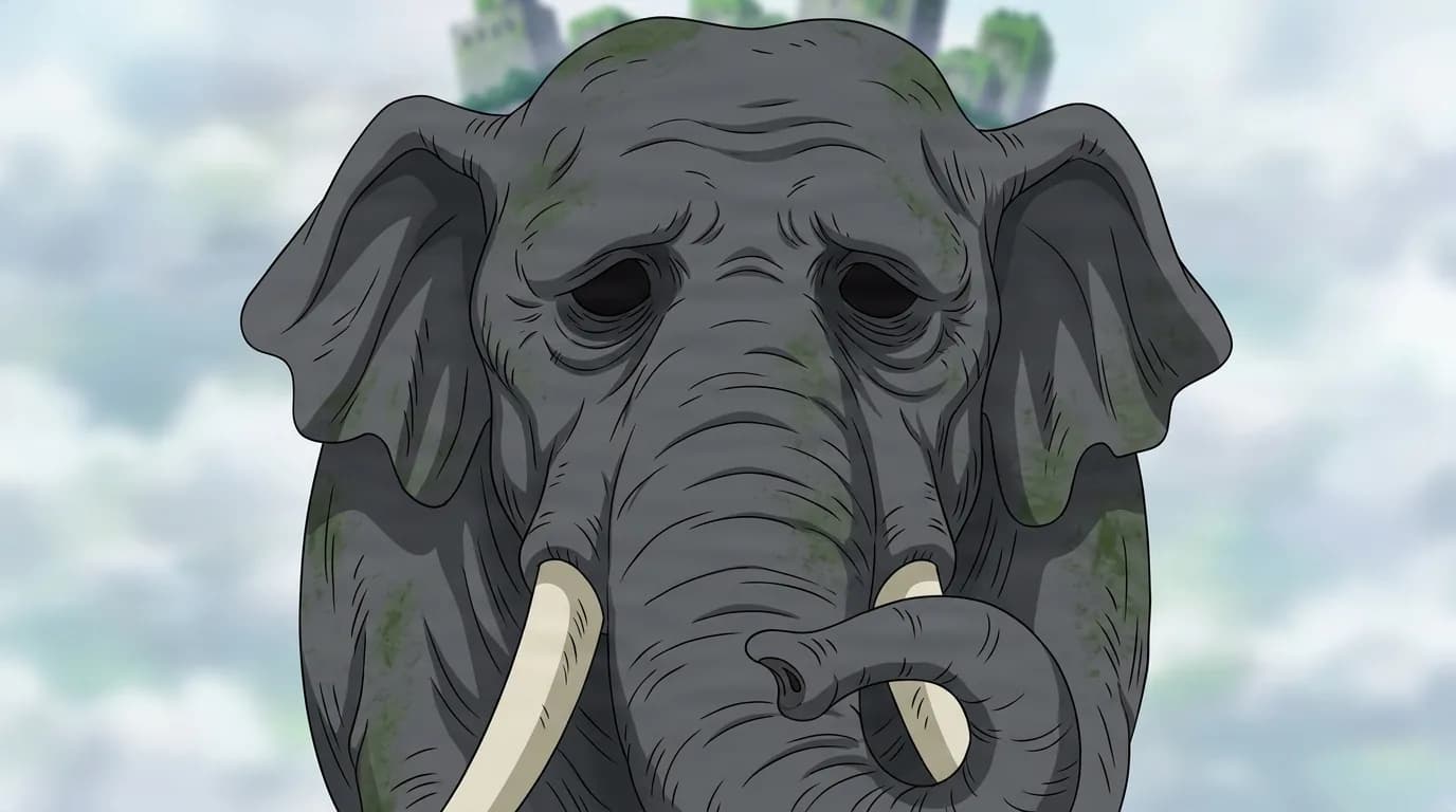 Zunesha from One Piece in a close-framed cel-shaded anime scene with a detailed environment
