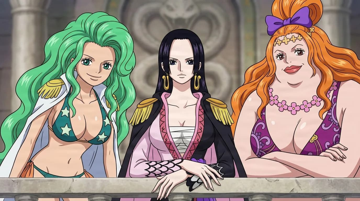 The Gorgon Sisters lean on a stone balcony rail, green haired Sandersonia smiling, Boa Hancock calm in a black coat, Marigold at right.