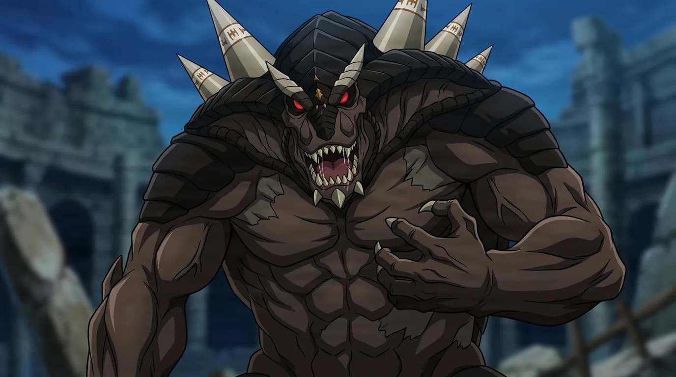 Ancient King from One Punch Man in a close-framed cel-shaded anime scene with a detailed environment