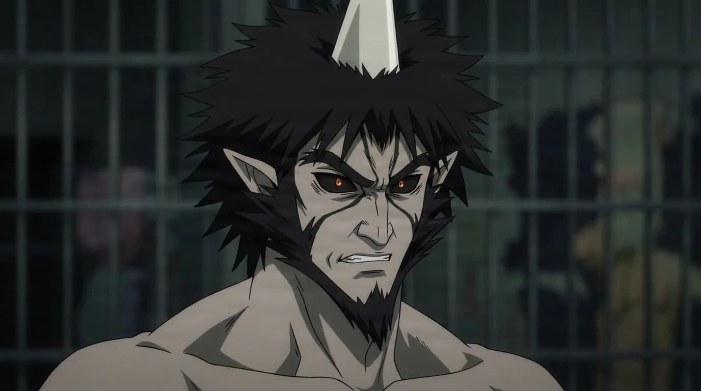 Bakuzan from One Punch Man in a close-framed cel-shaded anime scene with a detailed environment