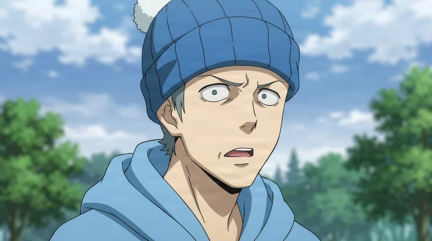 Brut from One Punch Man in a close-framed cel-shaded anime scene with a detailed environment