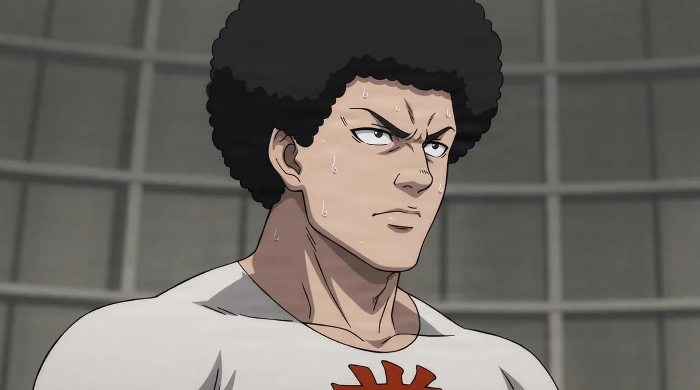 Bunbun Man from One Punch Man in a close-framed cel-shaded anime scene with a detailed environment