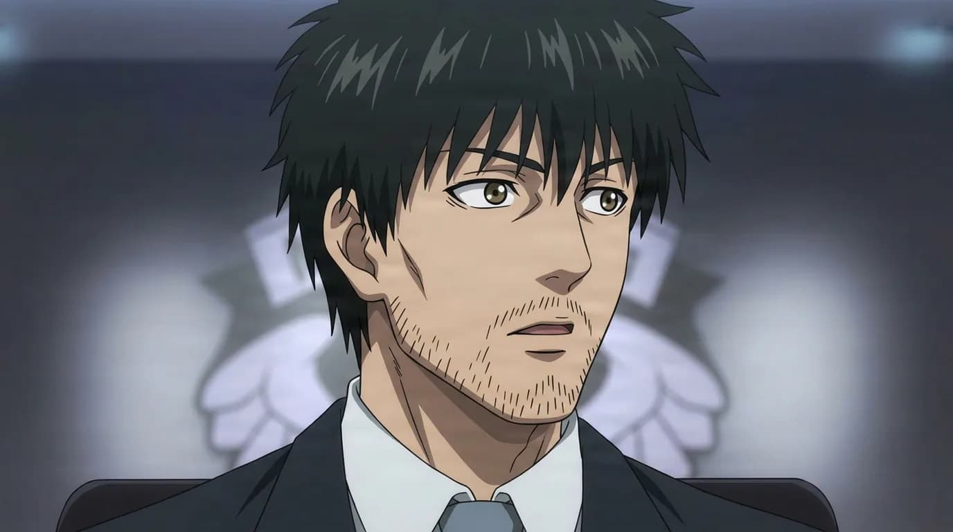 Busho from One Punch Man in a close-framed cel-shaded anime scene with a detailed environment