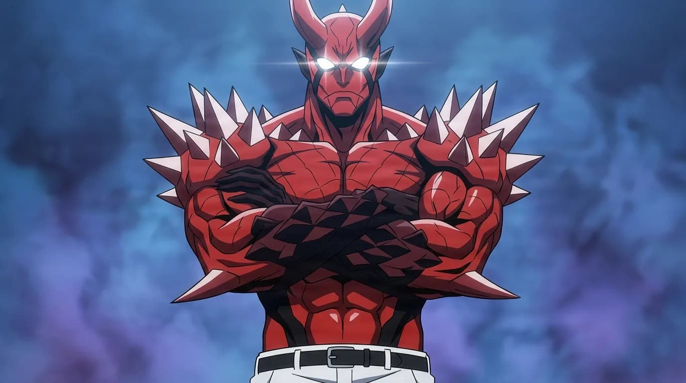 Choze from One Punch Man in a close-framed cel-shaded anime scene with a detailed environment