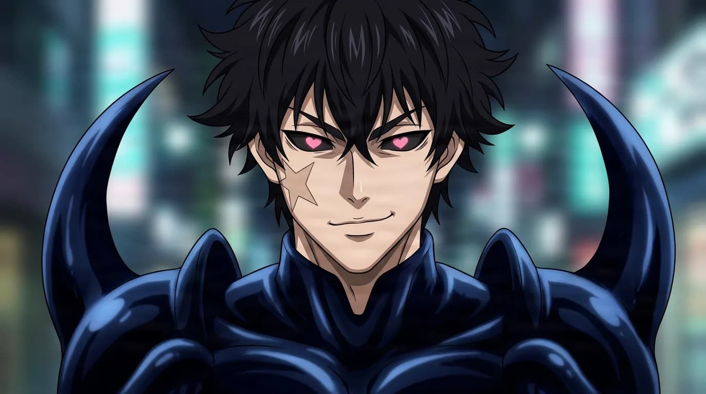 Darkness Blade from One Punch Man in a close-framed cel-shaded anime scene with a detailed environment