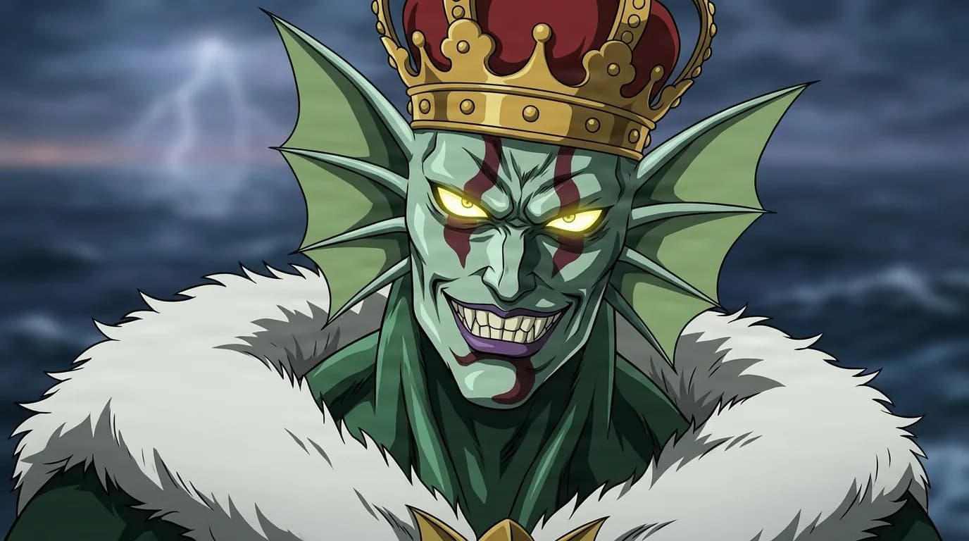 Deep Sea King from One Punch Man in a close-framed cel-shaded anime scene with a detailed environment