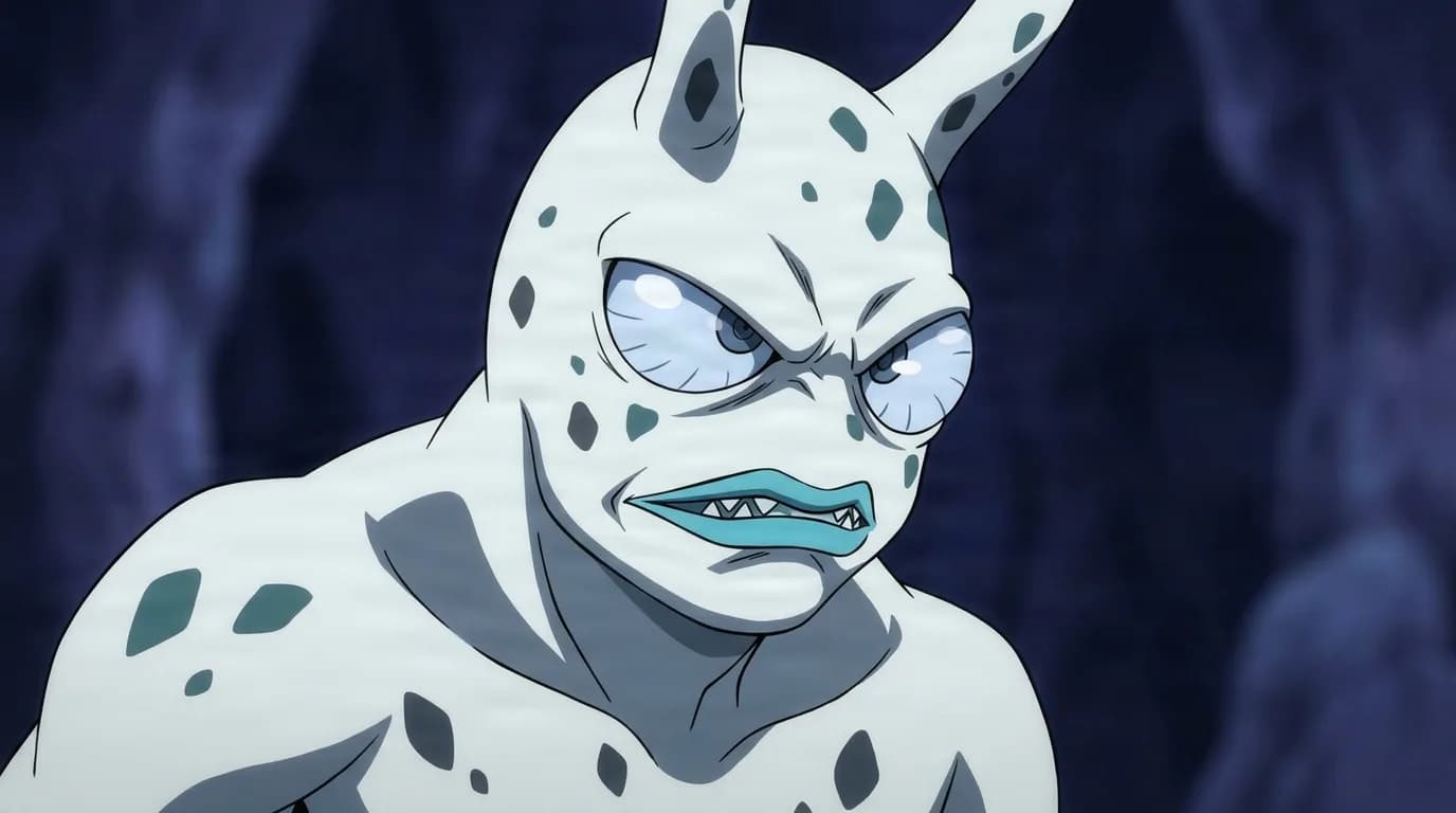 Destrochloridium from One Punch Man in a close-framed cel-shaded anime scene with a detailed environment