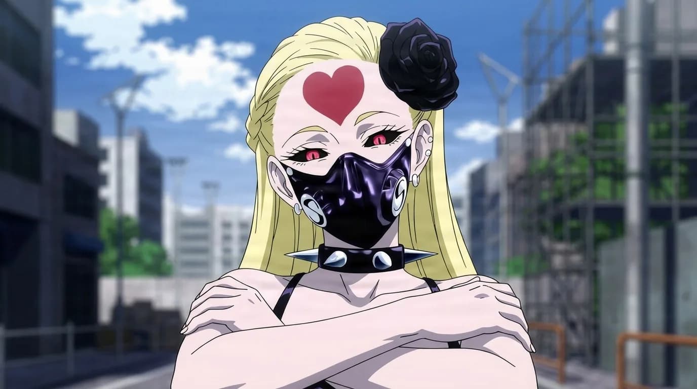 Do-S with arms crossed on a city street, blonde hair, red heart mark on her forehead, black mask and spiked collar