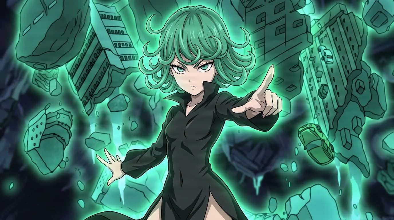 Espers from One Punch Man in a close-framed cel-shaded anime scene with a detailed environment