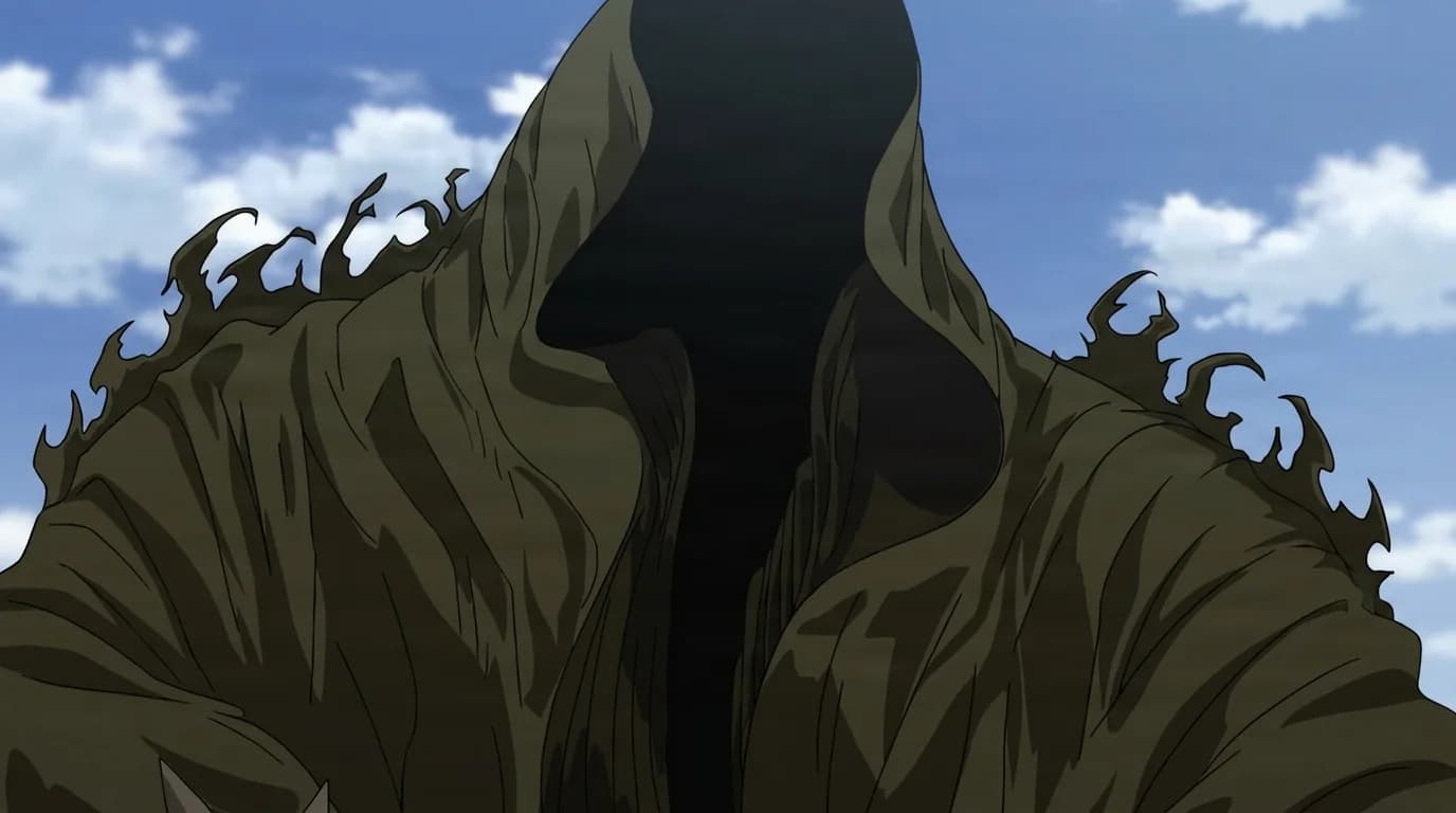 Evil Eye from One Punch Man in a close-framed cel-shaded anime scene with a detailed environment