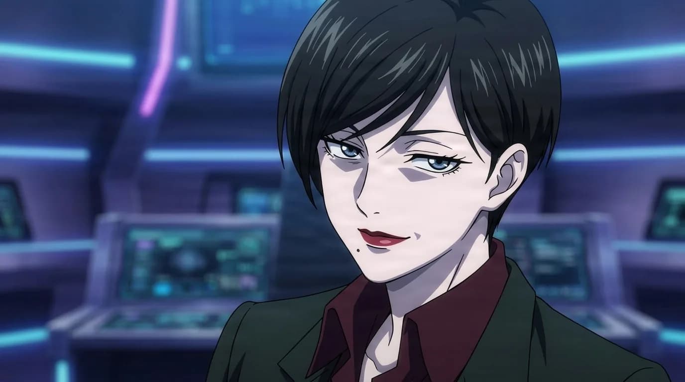 Exma from One Punch Man in a close-framed cel-shaded anime scene with a detailed environment