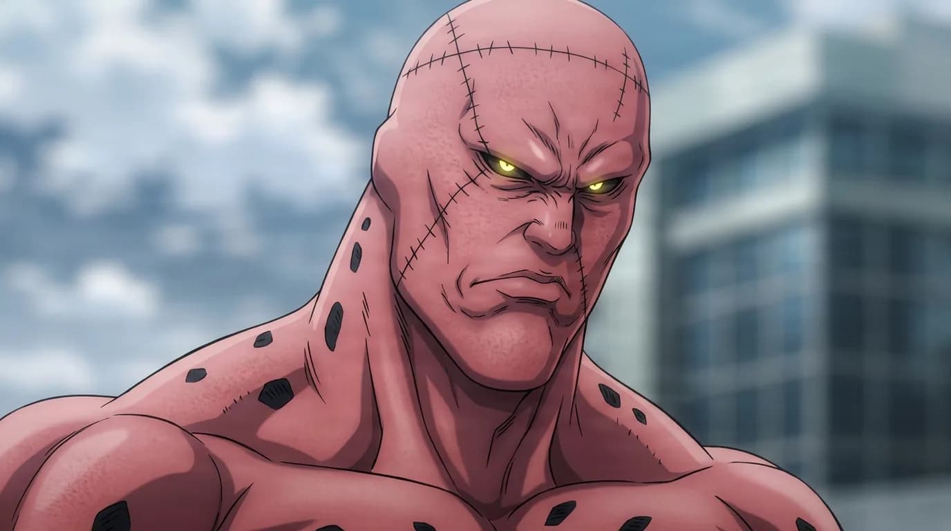 Face Ripper from One Punch Man in a close-framed cel-shaded anime scene with a detailed environment