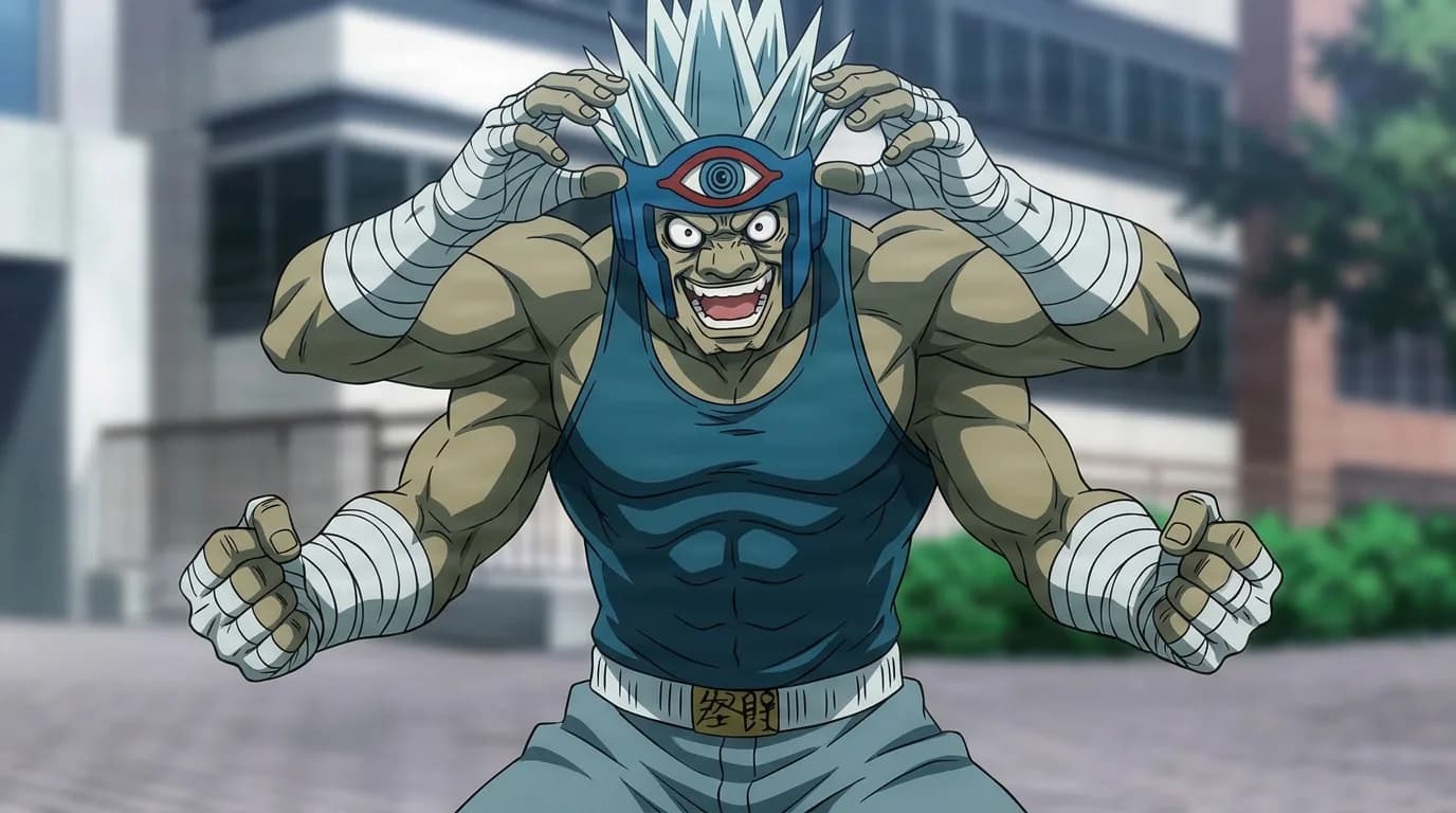 Fist Fight Djinn from One Punch Man in a close-framed cel-shaded anime scene with a detailed environment