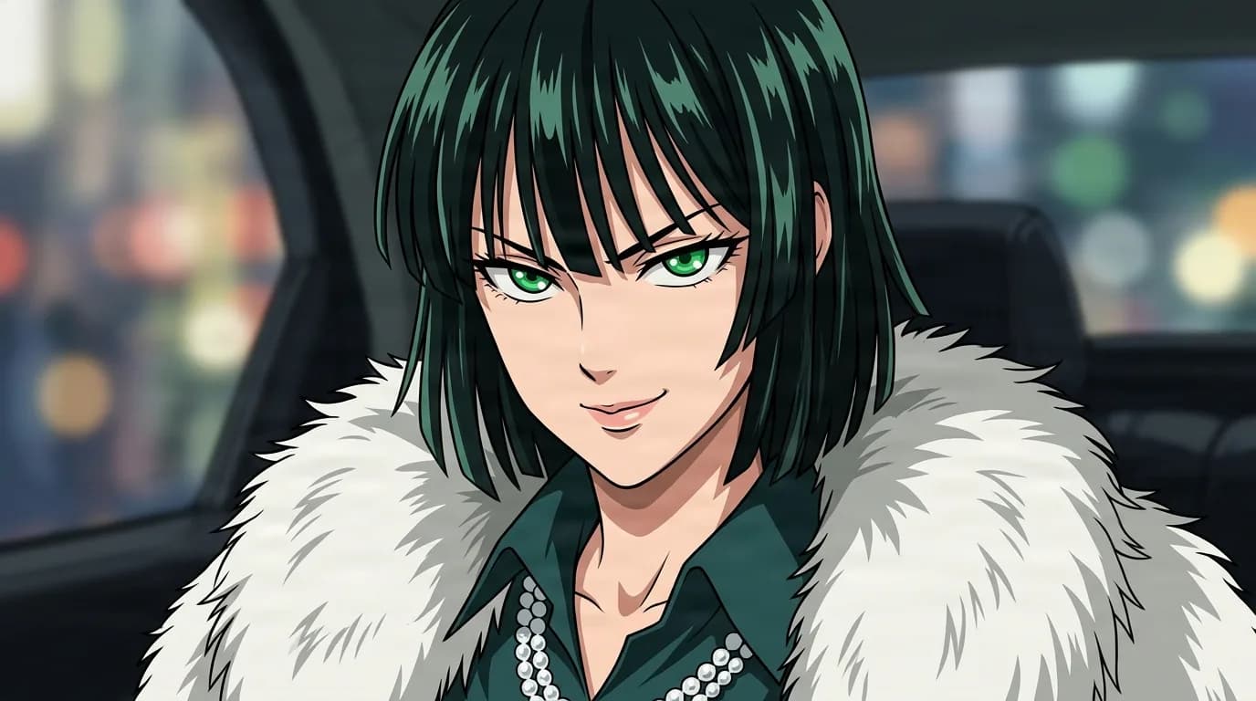 Fubuki from One Punch Man in a close-framed cel-shaded anime scene with a detailed environment