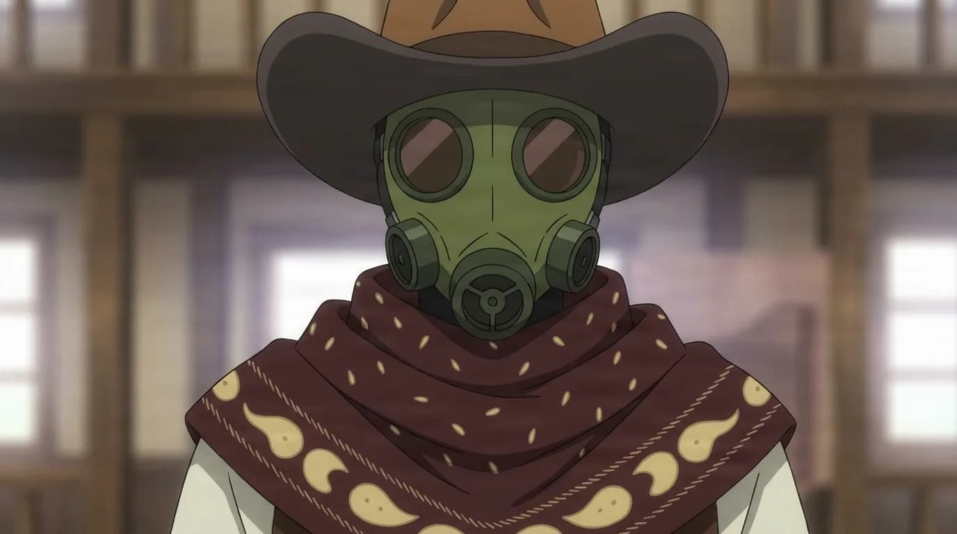 Gasmask Cowboy from One Punch Man in a close-framed cel-shaded anime scene with a detailed environment