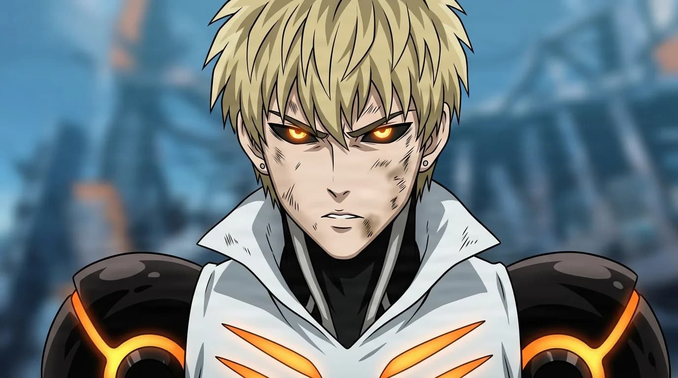 Genos from One Punch Man in a close-framed cel-shaded anime scene with a detailed environment