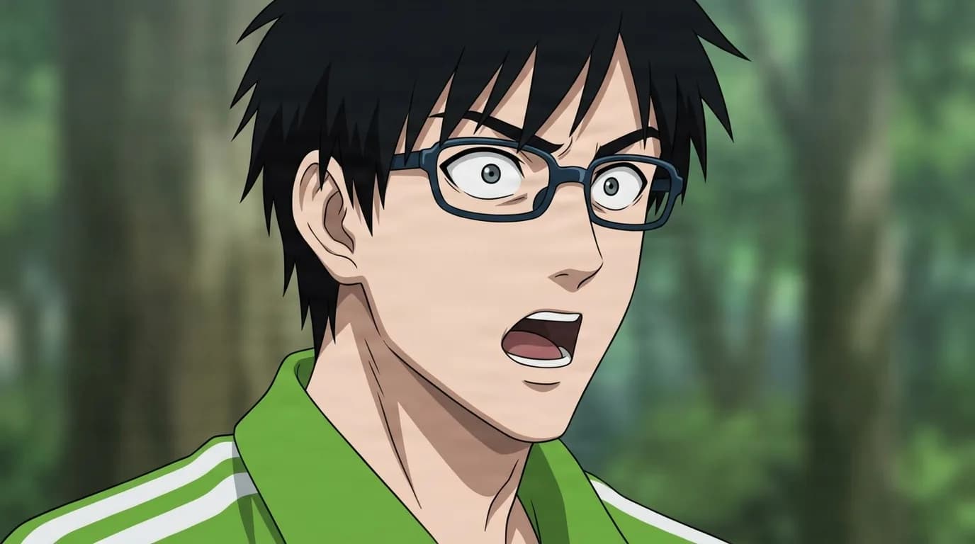 Glasses from One Punch Man in a close-framed cel-shaded anime scene with a detailed environment