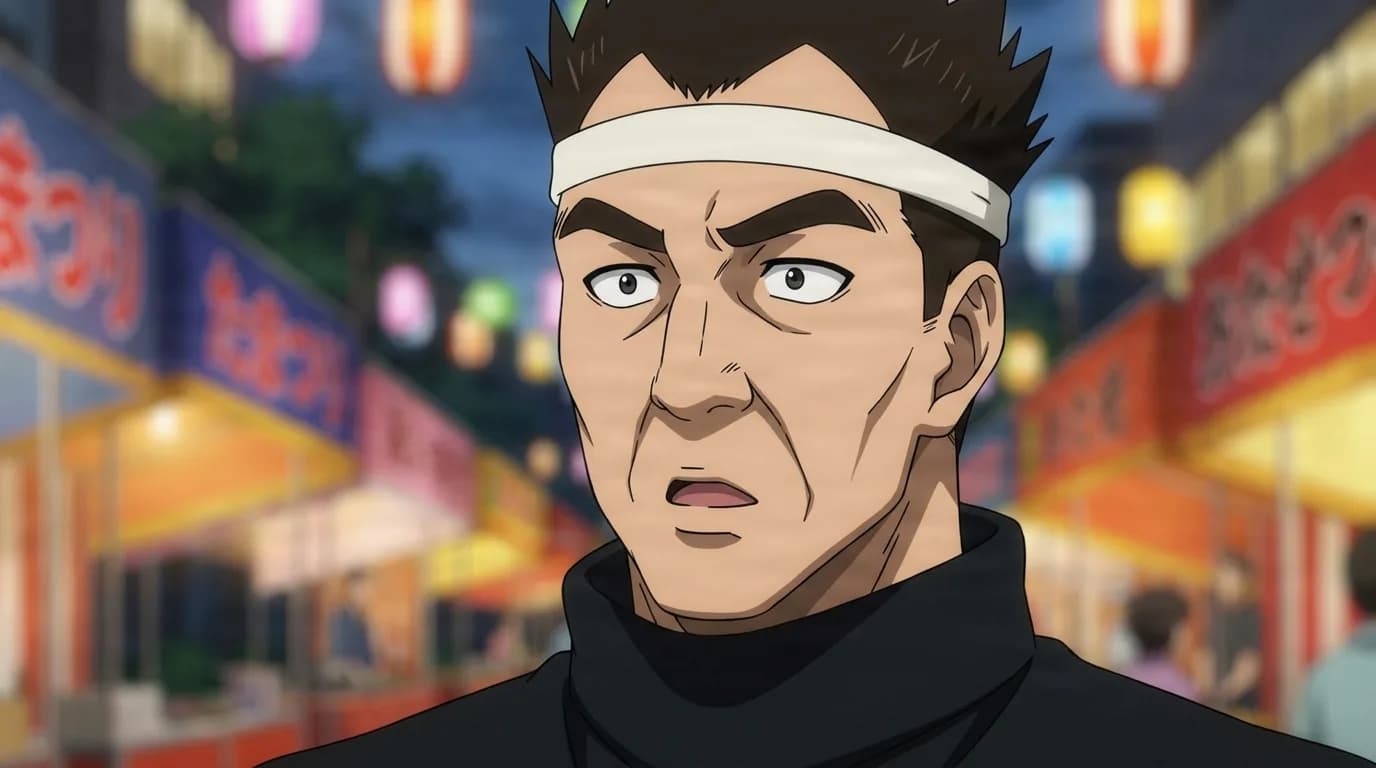 Gomago from One Punch Man in a close-framed cel-shaded anime scene with a detailed environment