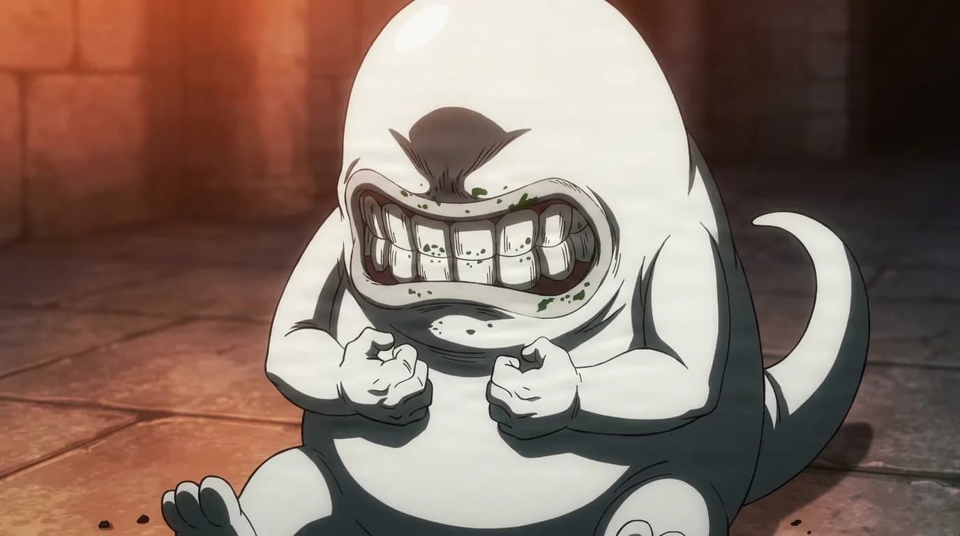 Gums from One Punch Man in a close-framed cel-shaded anime scene with a detailed environment