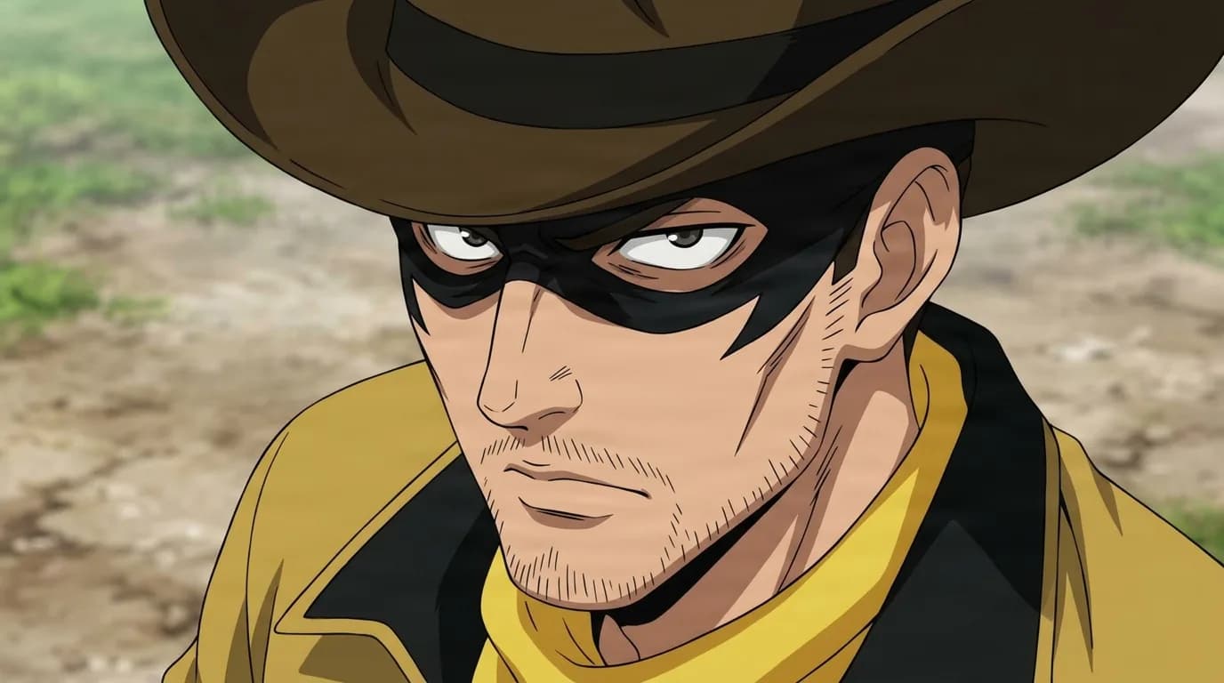Gun Gun from One Punch Man in a close-framed cel-shaded anime scene with a detailed environment