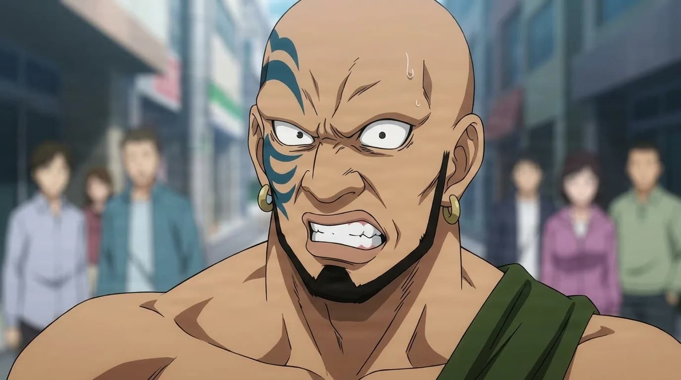 Heavy Kong from One Punch Man in a close-framed cel-shaded anime scene with a detailed environment