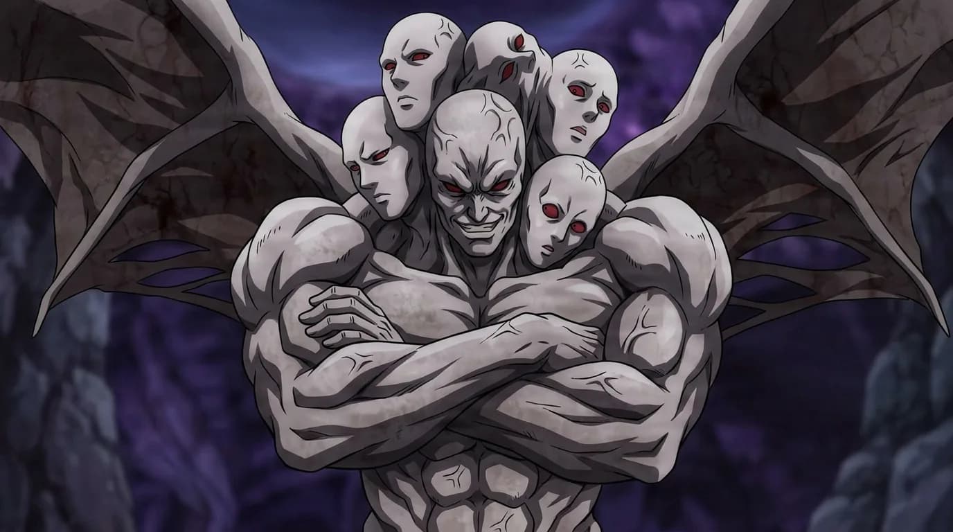 Melzargard from One Punch Man in a close-framed cel-shaded anime scene with a detailed environment