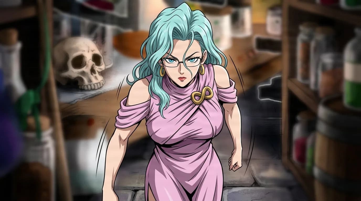 Psykos glaring in a cluttered lair with a skull on the shelf, mint green hair, glasses and a pink off-shoulder dress