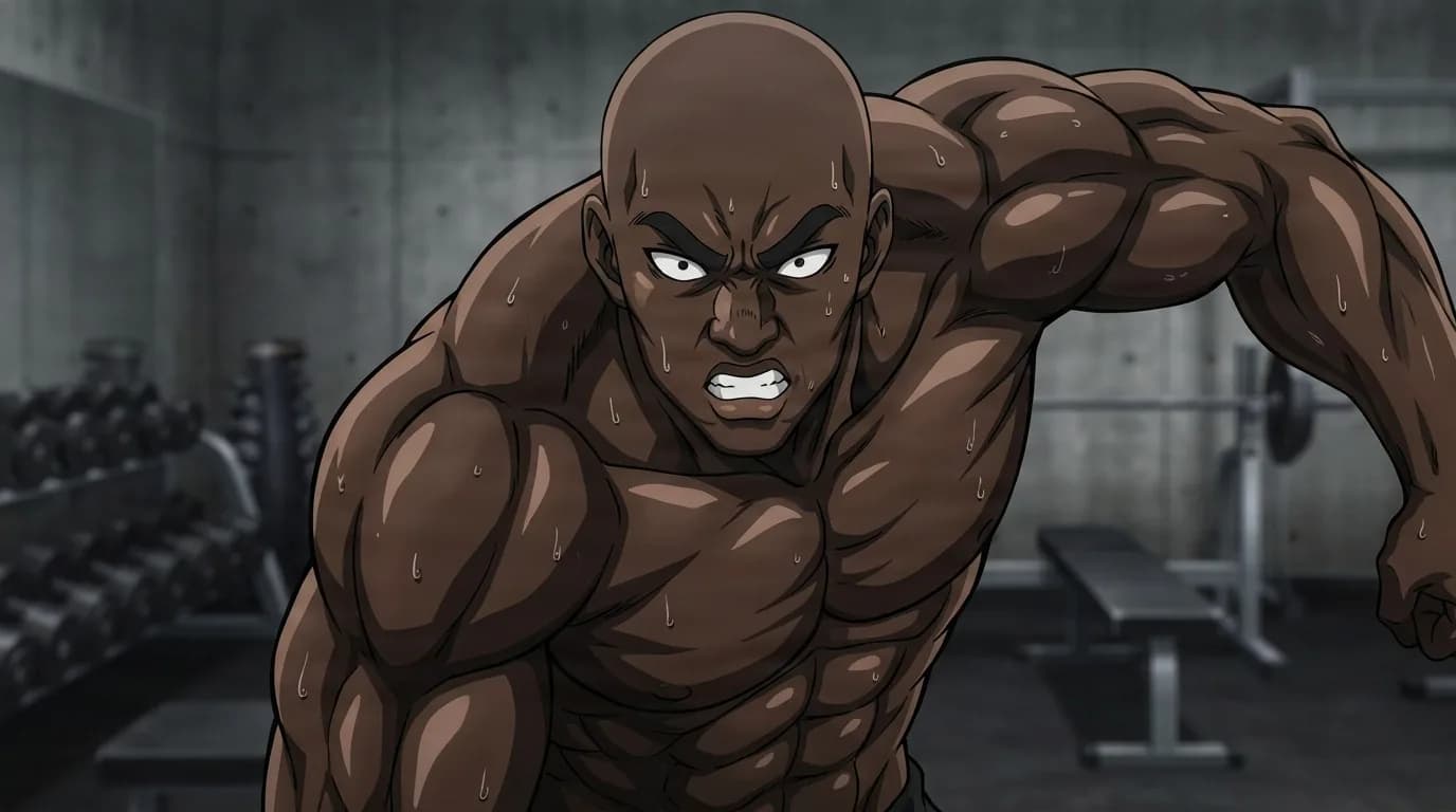 Superalloy Darkshine, bald and hugely muscled, leans forward with a snarling glare inside a concrete weight room lined with dumbbells.